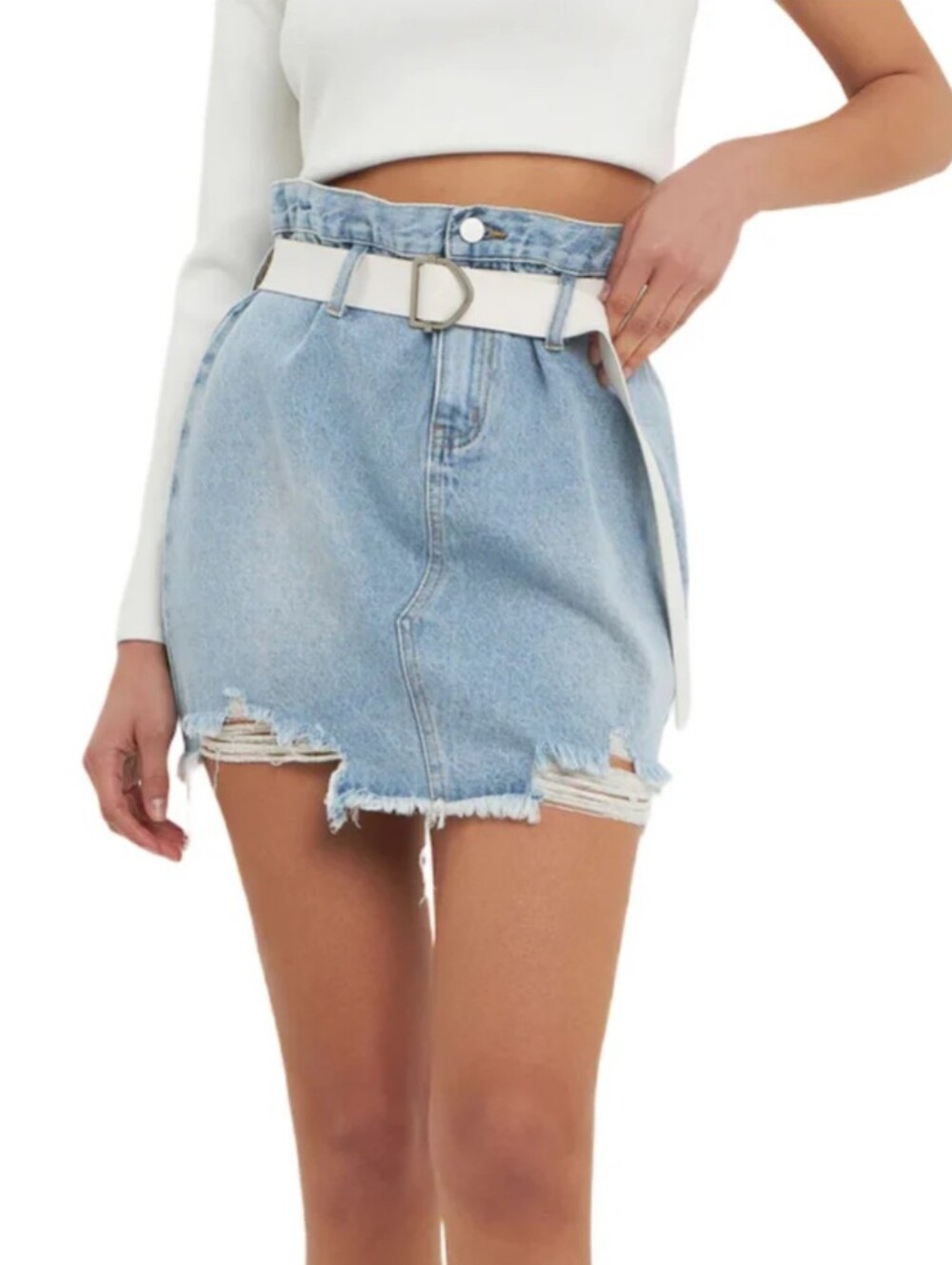 GREY LAB Light Blue Distressed Denim Mini Skirt with White Belt